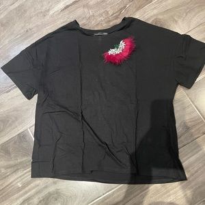 Zara black t shirt with pink feather jewels